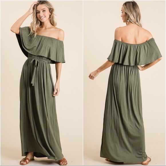 MAKING HEADLINES OFF SHOULDER MAXI DRESS-OLIVE - Picture 4 of 5